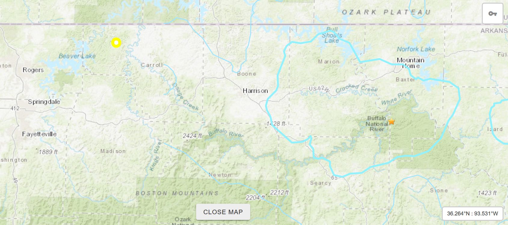 USGS map of earthquake in Gassville, AR