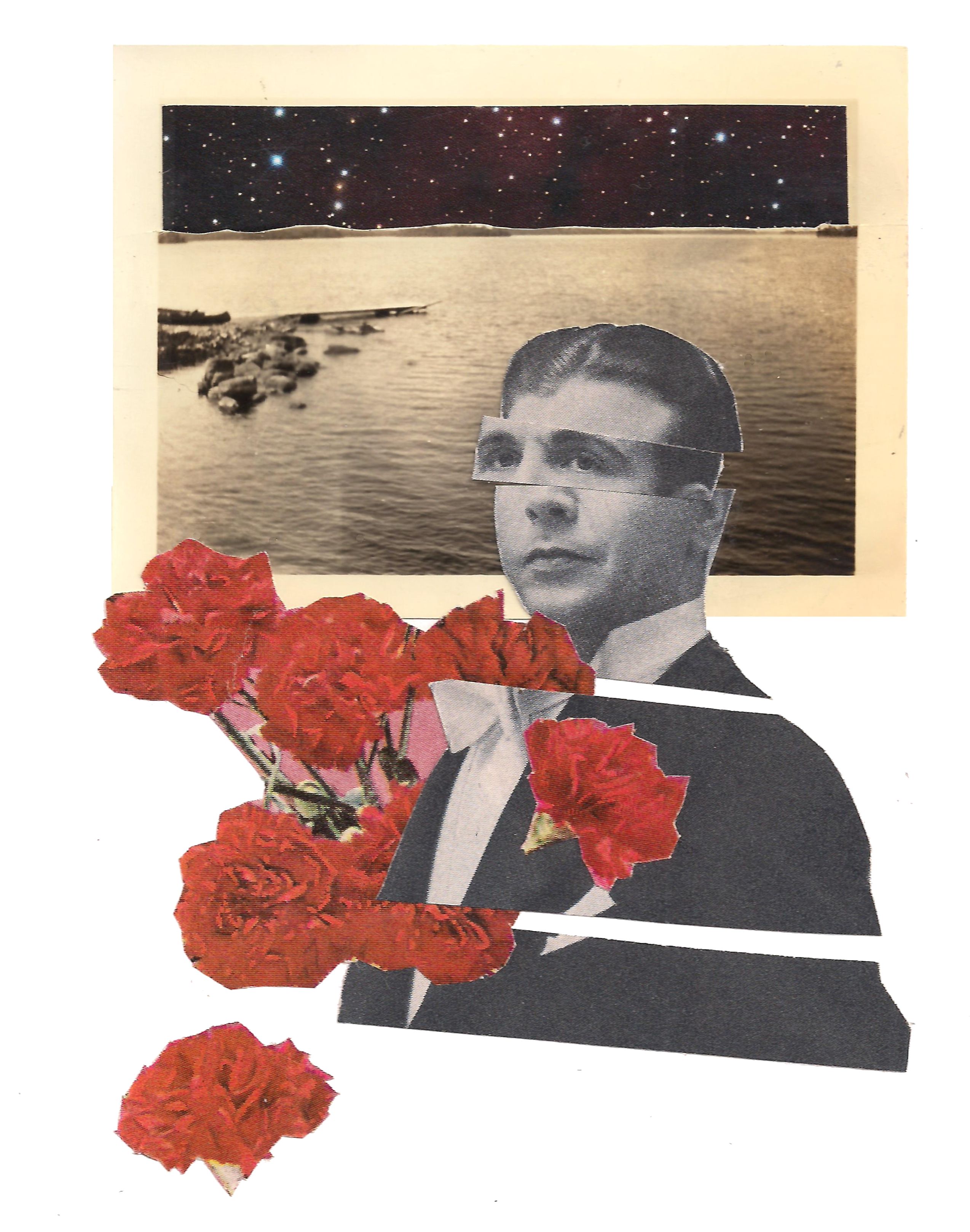 analog collage using vintage images cut from magazines and a vintage black and white photo of a lake. The man in the photo is surrounded by red carnations.