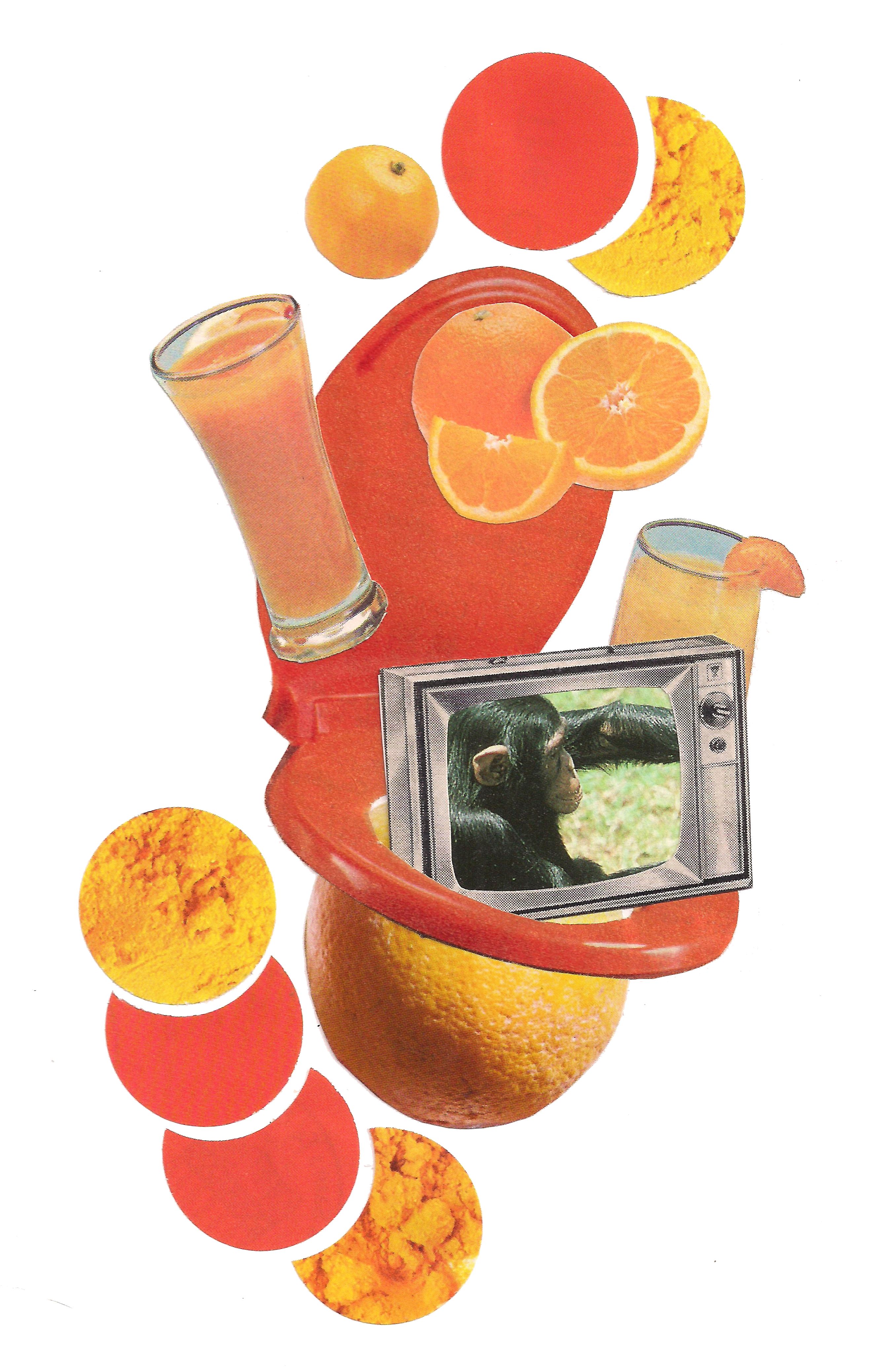 analog collage made of paper featuring circles of orange and gold, an orange toilet seat, a t.v. with a picture of a monkey, and two glasses of orange juice