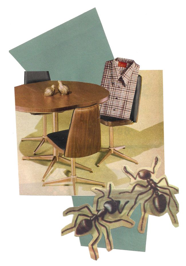 analog collage made of paper featuring ants, a vintage 70s dining room set and a flannel shirt sitting in one chair.