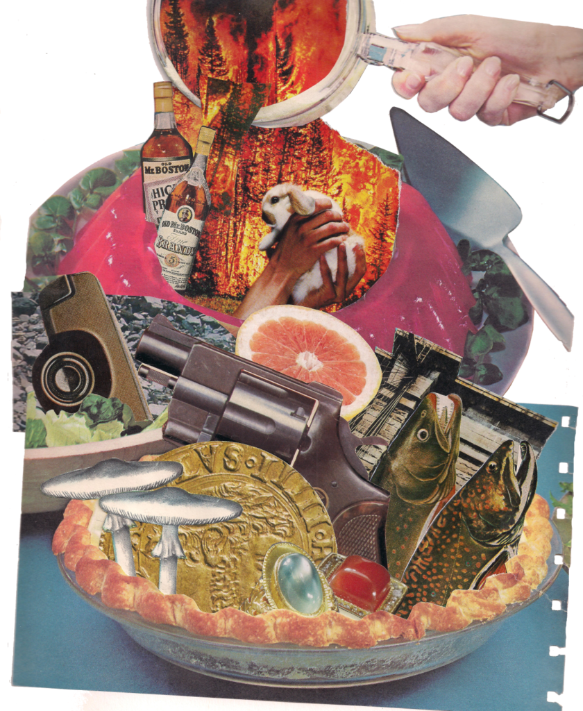 collage of hand pouring an image of a burning forest over images of food and a gun, a car, bottles of alcohol, and other items.