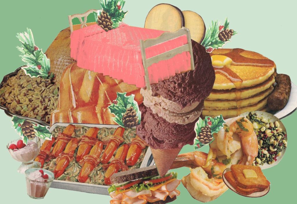 Collage of vintage images of food topped with a child's bed with a pink bedspread