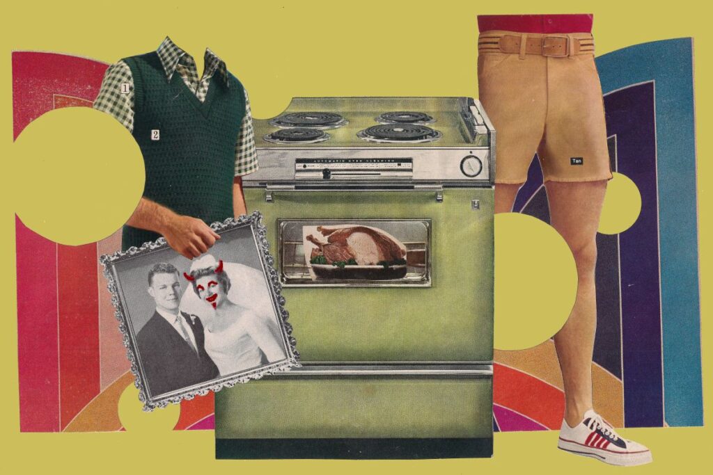 Collage made of headless torsos and lower bodies of two men, one holding a wedding photo, both standing next to a green vintage stove with a turkey cooking inside.